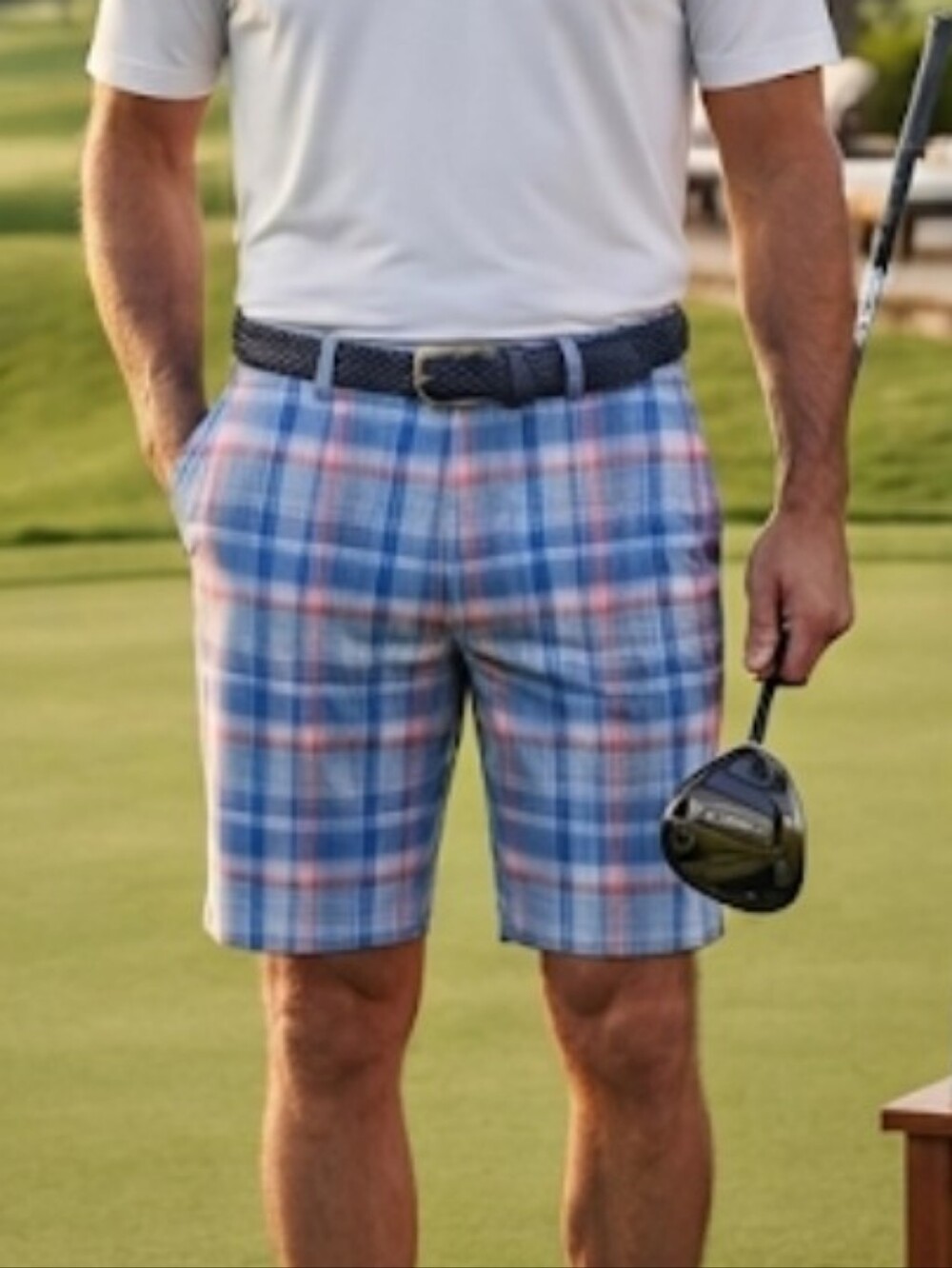 PGA TOUR Men's Performance Plaid Golf Shorts Blue Pink White Size 38